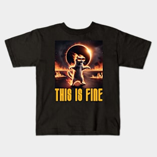 This is Fine - Funny Meme Cat - Solar Event, Solar Eclipse April 8 2024, Totality Kids T-Shirt